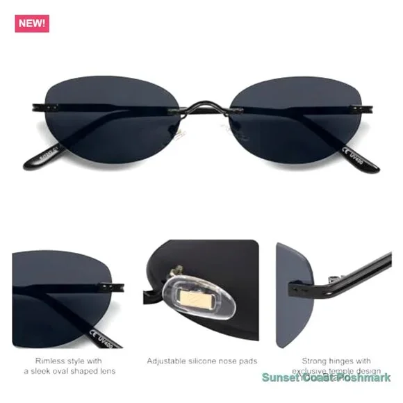 Retro Small Oval Sunglasses Rimless Vintage Narrow Shades - Picture 5 of 7